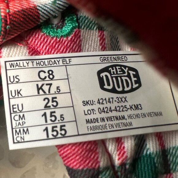 Hey Dude Wally T Holiday Elf Toddler Shoes C8 Green Red Christmas Slip On Lightw - Picture 8 of 15